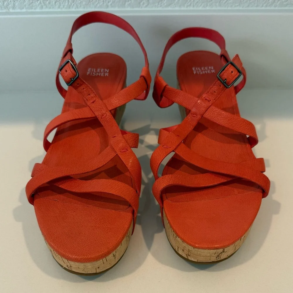 Eileen Fisher Array Platform Sandals Strappy Cork Wedge Coral Orange Size 11